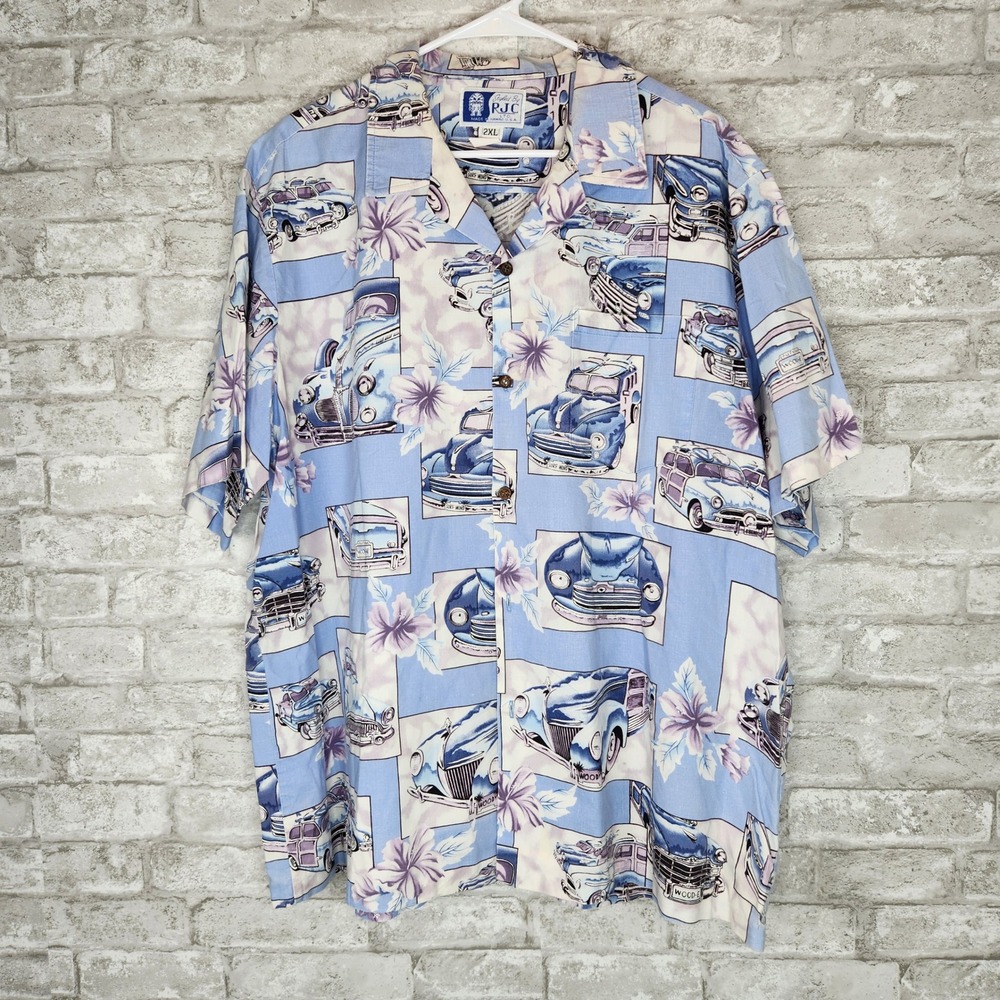 RJC Hawaiian‎ Shirt Vintage Car Floral Blue Button Down Tropical 2XL